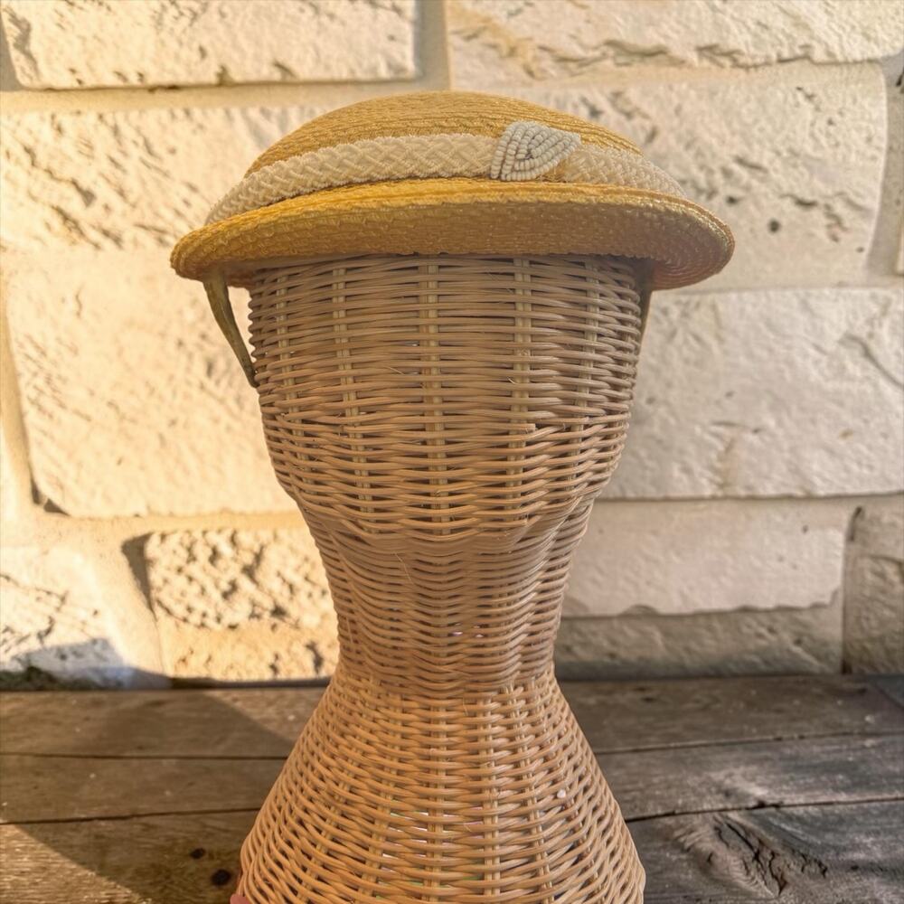 Vintage Mustard Straw Cloche Hat Rope Trim Mod 60s French Riviera Chic